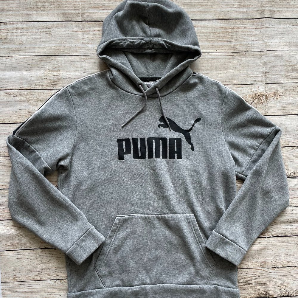 PUMA Amplified Pullover Hoodie Gray Black Heather Logo Size Medium